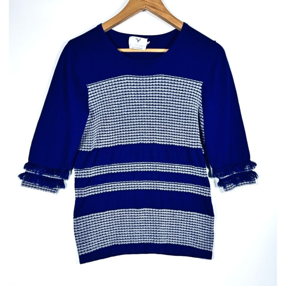 Edinburgh Knitwear Sweater Medium Blue Striped Fringe Sleeve Pima Cotton Coastal